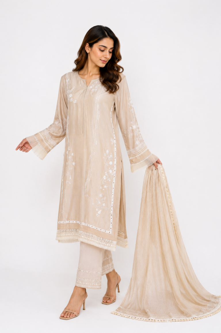 Beige 3-Piece Embroidered Suit