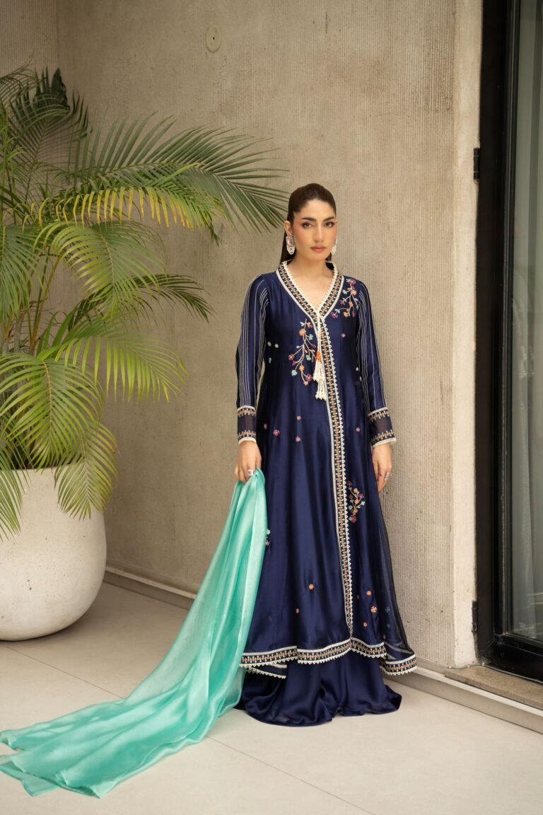 Midnight Navy Embroidered Silk Angrakha 3-Piece Suit